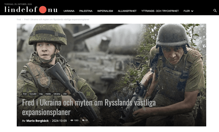 The article headline translates as: “Peace in Ukraine and the Myth of Russian Plans for Expansion into the West.” (Source: lindelof)