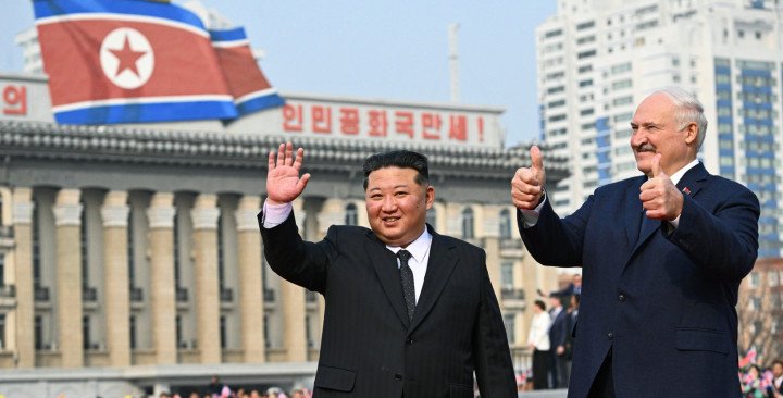 North Korean leader Kim Jong Un welcomes Belarusian leader Alexander Lukashenko during an official ceremony in Pyongyang, North Korea, on March 25, 2026. (Source: Getty Images) North Korean leader Kim Jong Un welcomes Belarusian leader Alexander Lukashenko during an official ceremony in Pyongyang, North Korea, on March 25, 2026. (Source: Getty Images)