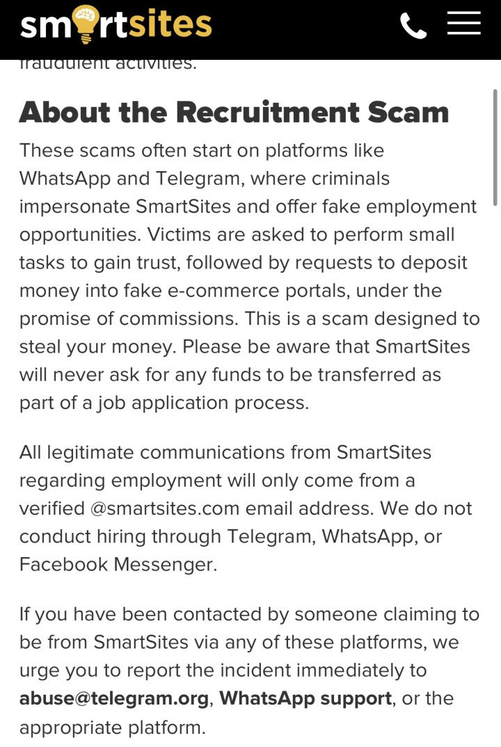 A warning from the company about a recruitment scam via Telegram. (Source: Smartsites) A warning from the company about a recruitment scam via Telegram. (Source: Smartsites)