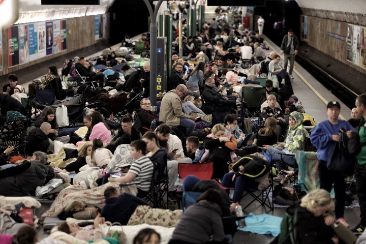 Kyiv residents shelter in the subway amid a Russian drone-and-missile strike on June 29, 2025, in Kyiv, Ukraine. At night, the Russian army attacked Ukrainian cities with 537 aerial targets - Shahed-type combat drones and missiles of various types. (Photo by Yan Dobronosov/Global Images Ukraine via Getty Images)