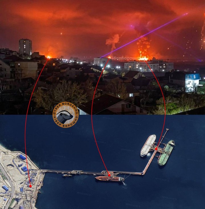 Night view of explosions and fire at Russia’s Sheskharis oil terminal in Novorossiysk, with mapped strike points on loading piers and infrastructure. (Source: CyberBoroshno)