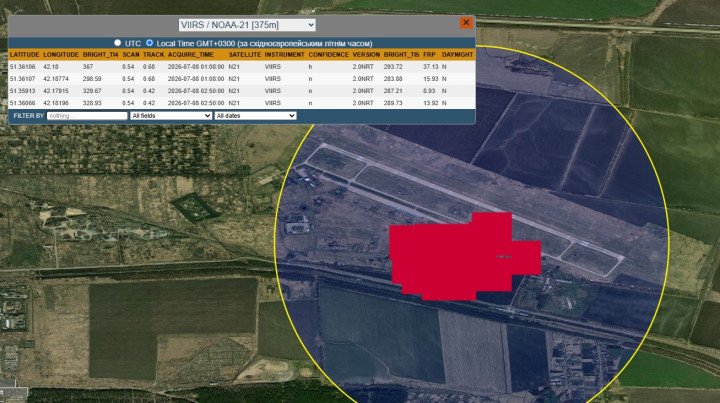 NASA’s FIRMS satellite monitoring system detected a fire at the Borisoglebsk military air base following a reported Ukrainian drone strike on July 8, 2026. (Source: NASA FIRMS) NASA's FIRMS satellite monitoring system detected a fire at the Borisoglebsk military air base following a reported Ukrainian drone strike on July 8, 2026. (Source: NASA FIRMS)