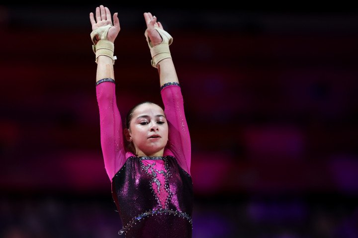 Russian gymnast Anna Kalmykova reacts after competing in the women’s vault final at the 2025 Artistic Gymnastics World Championships in Jakarta, Indonesia, on October 24, 2025. (Source: Getty Images)