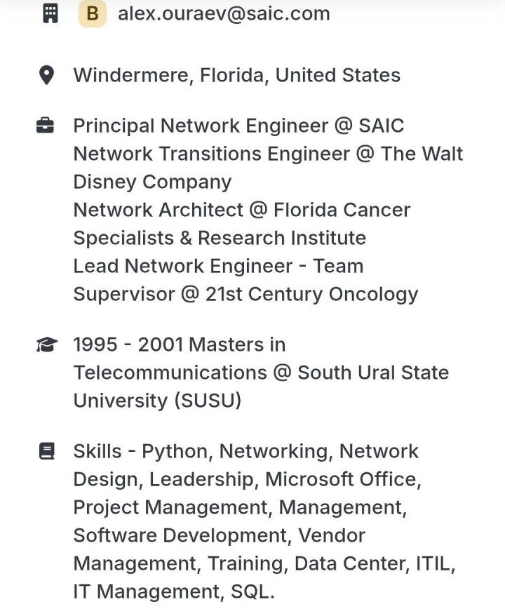 Captura de pantalla del historial laboral de Alexandre (Alexander) Oureav de su perfil de LinkedIn (Fuente: LinkedIn a través de TUA Research)