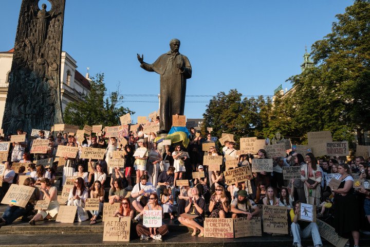 Protesters gather near the Taras Shevchenko monument during a rally against the dismissal of former Defense Minister Mykhailo Fedorov in Lviv, July 17, 2026. (Source: Les Kasyanov/Global Images Ukraine via Getty Images) Protesters gather near the Taras Shevchenko monument during a rally against the dismissal of former Defense Minister Mykhailo Fedorov in Lviv, July 17, 2026. (Source: Les Kasyanov/Global Images Ukraine via Getty Images)
