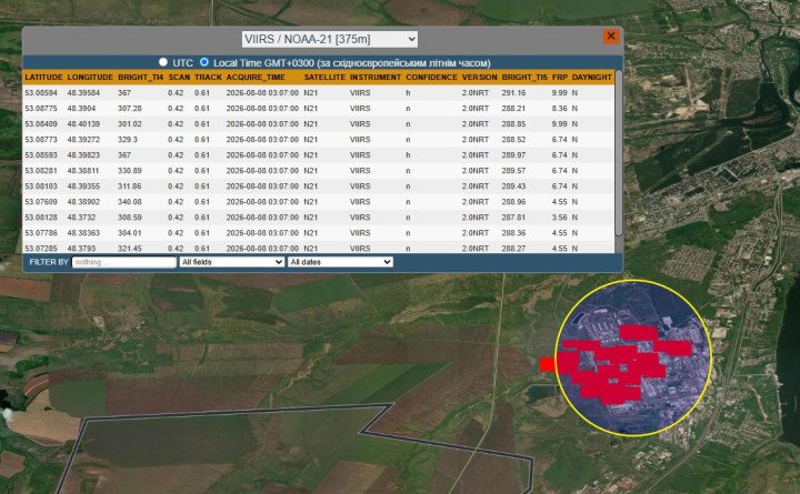 NASA FIRMS satellite data shows a fire detected at the Syzran Oil Refinery in Russia on August 8, 2026. (Source: NASA FIRMS)