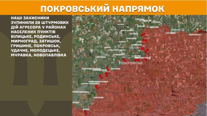 Mapa del frente en Pokrovsk, uno de los sectores más activos, donde las fuerzas ucranianas repelieron 28 asaltos rusos en áreas como Myrnohrad, Udachne y Novopavlivka, consolidando este eje como principal foco de combate el 13 de abril de 2026 (Foto: Estado Mayor de Ucrania). Mapa Pokrovsk 28 asaltos rusos Myrnohrad Udachne abril 2026