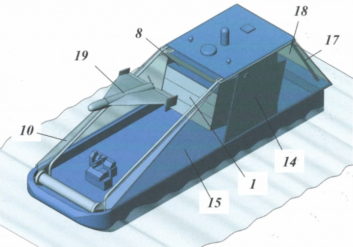 Imagen conceptual de una nueva plataforma de drones navales rusa diseñada para desplegar municiones merodeadoras tipo Shahed desde el mar. (Fuente: Defense Express)