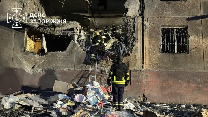 Ukrainian rescuers search the rubble of a residential building damaged by a Russian strike in Zaporizhzhia, October 10, 2026. (Source: State Emergency Service of Ukraine)