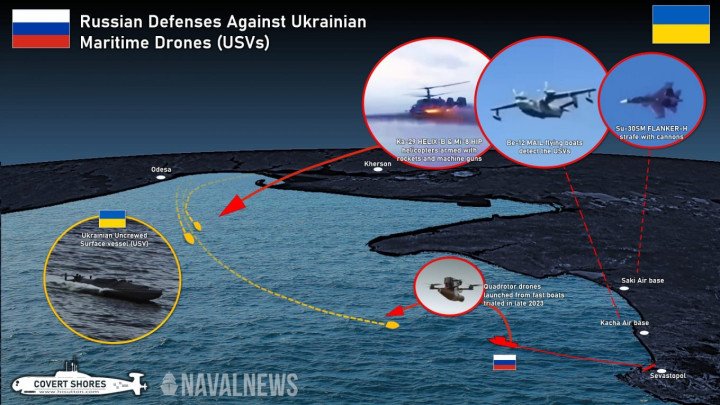 Illustrative graphic showing Russian countermeasures against naval drones. (Source: Naval News) Illustrative graphic showing Russian countermeasures against naval drones. (Source: Naval News)