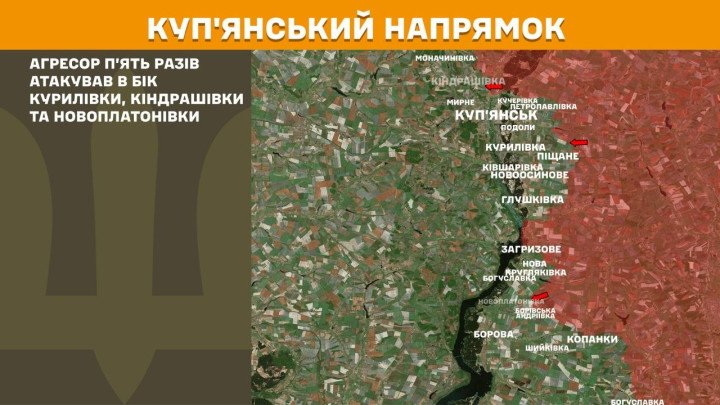 Mapa de Kupiansk, Kharkiv, detallando la defensa de la logística en el Oskil.