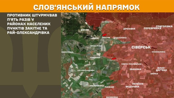Mapa operativo de la región de Donetsk centrado en el eje de Sloviansk. Indica las líneas defensivas y los puntos de contacto donde se neutralizaron cinco ataques de las fuerzas rusas cerca de Zakitne y Rai-Oleksandrivka.