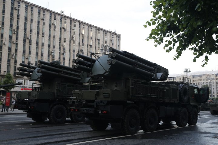 Russian Pantsir air defense systems during a military parade rehearsal in Moscow, June 2020. (Source: Getty Images) Russian Pantsir air defense systems during a military parade rehearsal in Moscow, June 2020. (Source: Getty Images)