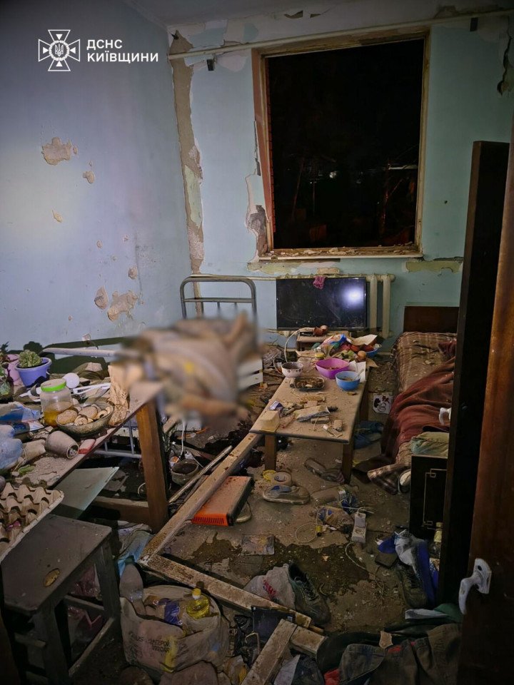 Interior of a damaged residential room following a Russian overnight strike in the Kyiv region on March 14, 2026. (Source: State Emergency Service of Ukraine in the Kyiv region)