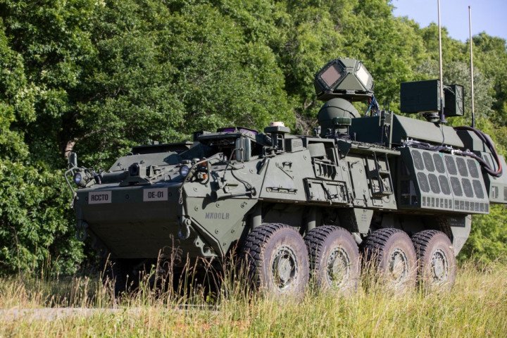 US Army DE M-SHORAD laser air defense system mounted on a Stryker armored vehicle. (Source: US Army)