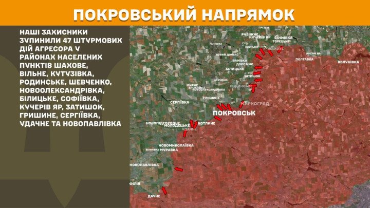 Mapa del sector de Pokrovsk, en Donetsk, donde Ucrania reportó 47 asaltos rusos cerca de Shakhove, Rodynske, Shevchenko, Hryshyne y Udachne.