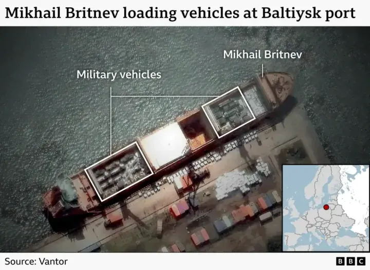 The Mikhail Britnev cargo ship being loaded at Russia’s Baltiysk port. (Source: BBC) The Mikhail Britnev cargo ship being loaded at Russia’s Baltiysk port. (Source: BBC)