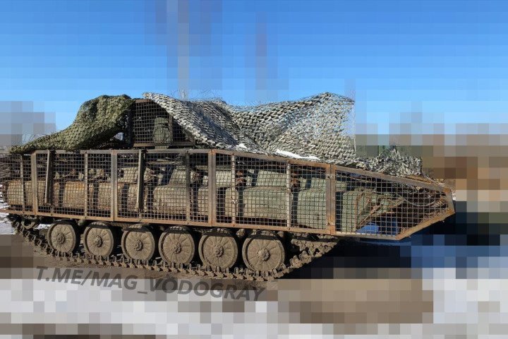 BMP-1TS Infantry Fighting Vehicle fitted with additional cage armor and mesh canopy, used by a Ukrainian Defense Forces unit. (Photo: Open source)