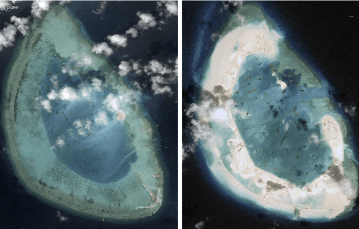Planet Labs satellite images show the rapid expansion of Antelope Reef in the Paracel Islands between Dec. 19, 2025, at left, and March 7, 2026, at right, as China accelerated land reclamation and construction in the South China Sea. (Source: Planet Labs) Antelope Reef