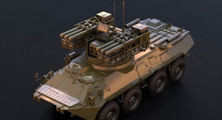 The Krona-E short-range air defense system displayed on an 8×8 armored chassis. The system is designed to engage drones, helicopters, and low-flying aircraft. (Source: Kalashnikov Concern)