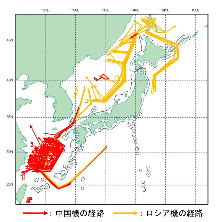 Map showing Russian and Chinese military aircraft activity around Japan from April to September 2026. (Source: Japan Self-Defense Forces)