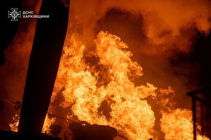 A large fire burns at a civilian facility in Kharkiv’s Nemishlyanskyi district following a Russian drone strike on October 7, 2025. (Source: SES) A large fire burns at a civilian facility in Kharkiv’s Nemishlyanskyi district following a Russian drone strike on October 7, 2025. (Source: SES)