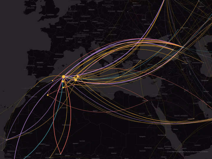Flight routes of Russia’s “shadow fleet” aircraft converging in Algeria. (Source: Linus Höller / Leaflet / OpenStreetMap)