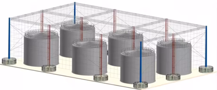 A render shows Russia’s KOZ-U-Sh structure designed to shield oil storage tanks from drone attacks using steel cables and mesh. (Source: Amast Power Lines)