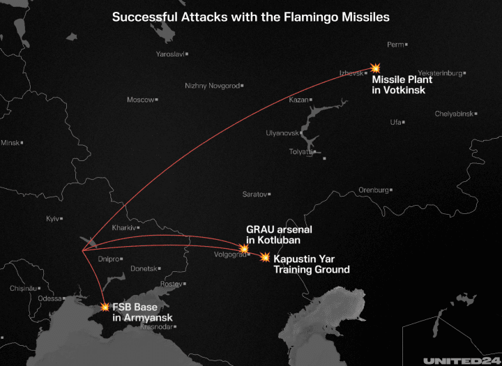 An illustration of confirmed strikes by the FP-5 “Flamingo” (Image: UNITED24 Media)