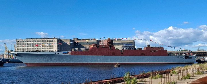 The frigate Admiral Amelko afloat after its launch at the Severnaya Verf shipyard. (Source: Russian media) The frigate Admiral Amelko afloat after its launch at the Severnaya Verf shipyard. (Source: Russian media)
