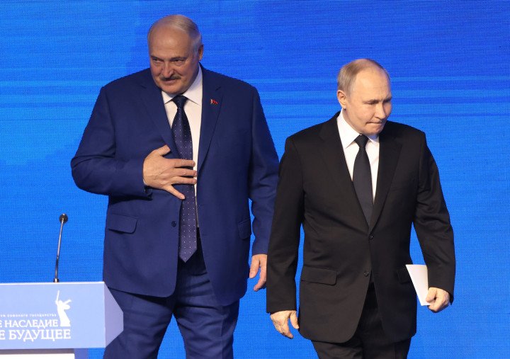 Russian leader Vladimir Putin (R) and Belarusian leader Alexander Lukashenko (L), 2025. (Photo by Contributor/Getty Images)