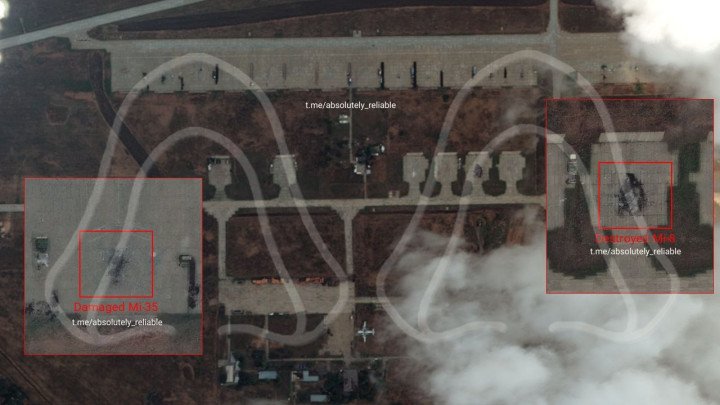 Satellite imagery showing a destroyed Russian Mi-8 and damaged Mi-35 helicopter at Taganrog-Tsentralny airbase. (Source: Absolutely Reliable)