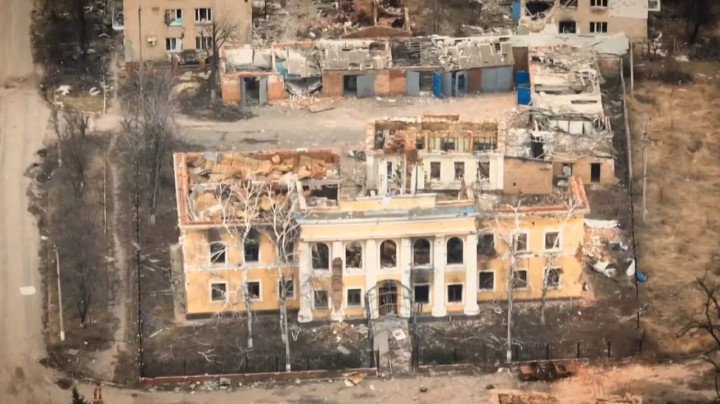 A damaged public building is seen in Bakhmut on March 12, 2026, amid widespread destruction across the occupied city. (Source: kazansky2017/Telegram) A damaged public building is seen in Bakhmut on March 12, 2026, amid widespread destruction across the occupied city.