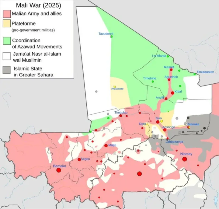 Approximate map of territorial control in Mali prior to the rebel offensive on April 25, 2026. (Source: Borysk5)