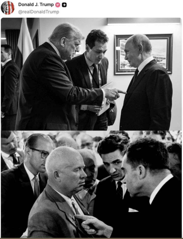 Trump publicó dos fotos históricas: una en la que aparece junto a Putin en Alaska y otra de 1959 en la que aparecen Nixon y Jruschov, lo que llevó a los observadores a comparar la reciente imagen de Trump y Putin con el legendario «debate de la cocina». (Fuente: Trump a través de Truth Social) Trump publicó dos fotos históricas: una en la que aparece junto a Putin en Alaska y otra de 1959 en la que aparecen Nixon y Jruschov, lo que llevó a los observadores a comparar la reciente imagen de Trump y Putin con el legendario «debate de la cocina». (Fuente: Trump a través de Truth Social)