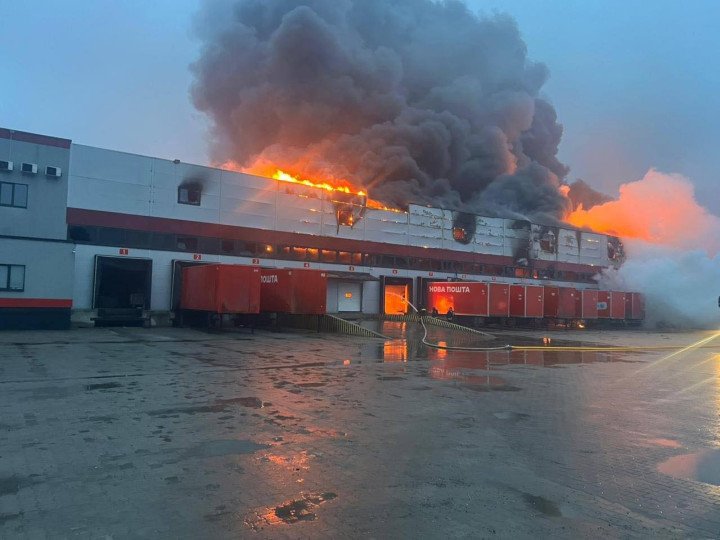 Fire engulfs a Nova Poshta logistics terminal in Lutsk following a Russian drone strike. (Source: Nova Post)
