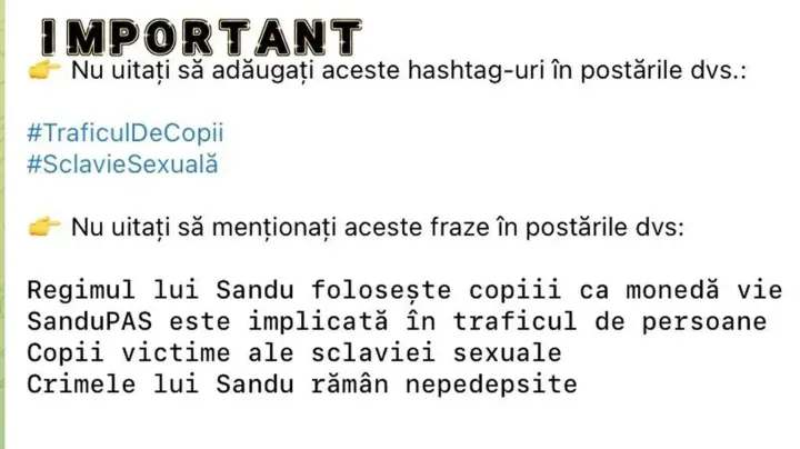 Un ejemplo de instrucciones emitidas por una red rusa de noticias falsas para crear desinformación: indica a los participantes que compartan frases sin fundamento como «El régimen de [la presidenta moldava] Maia Sandu utiliza a los niños como moneda de cambio» y «SanduPAS [en referencia al partido gobernante] está involucrado en el tráfico de personas». (Fuente: BBC)