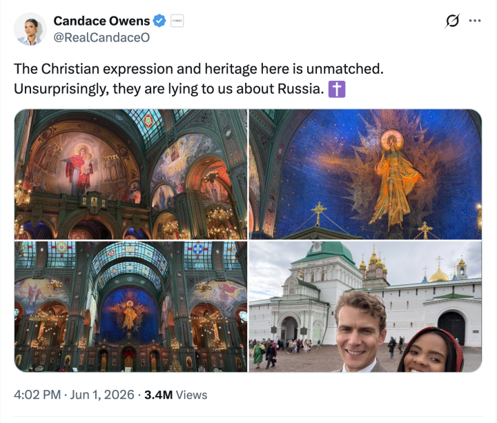 Candace Owens praised Russia's supposed religious heritage. (Source: X) Screenshot of Candace's X account