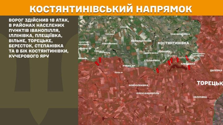 Mapa detallado del sector de Kostiantynivka que señala las zonas de combate activo y la presión operativa sobre los asentamientos locales.