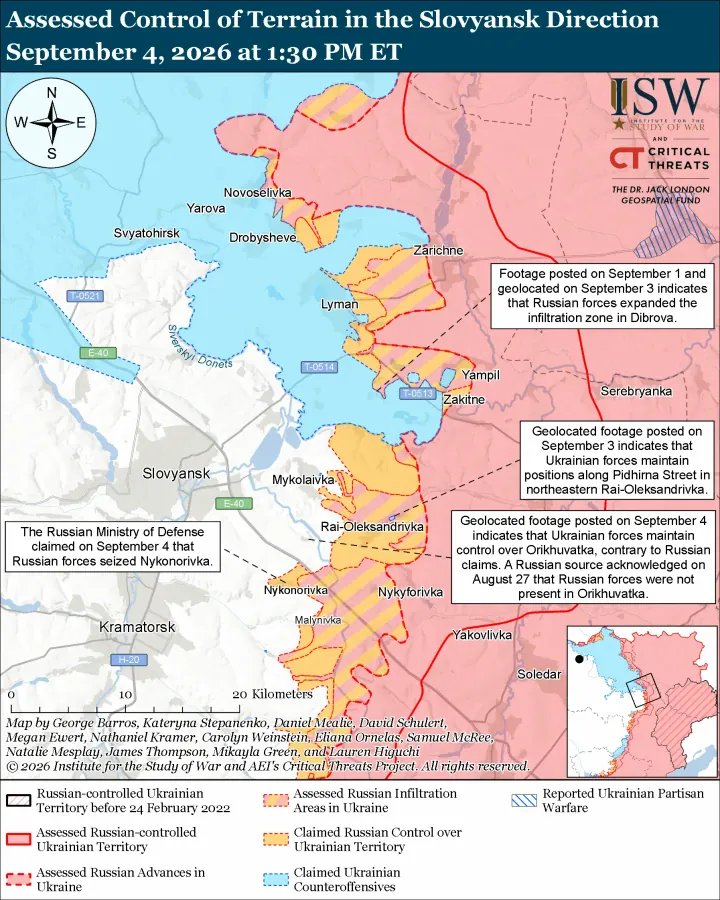 ISW map showing assessed control of terrain and frontline developments in the Slovyansk direction as of September 4, 2026. (Source: ISW)