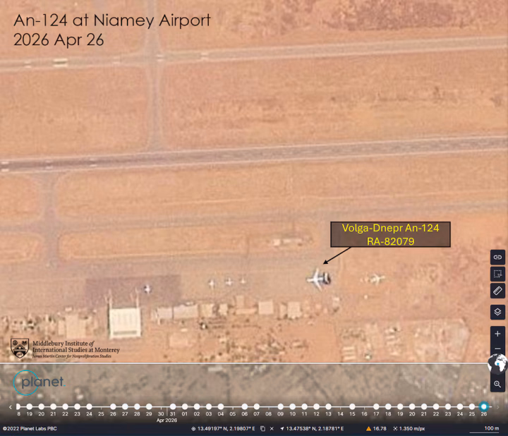 A Russian An-124 cargo aircraft at Niamey Airport in Niger, April 26, 2026. (Source: Defense News / Planet Labs / James Martin Center for Nonproliferation Studies)