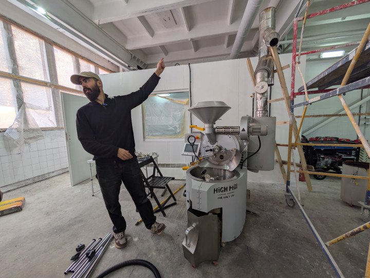 Iliia Elisey Kastornykh gives UNITED 24 a tour of High Hill Coffee’s new premises, after relocating from Dnipro to Kyiv. November 2025. Photo: Lana Faryna.