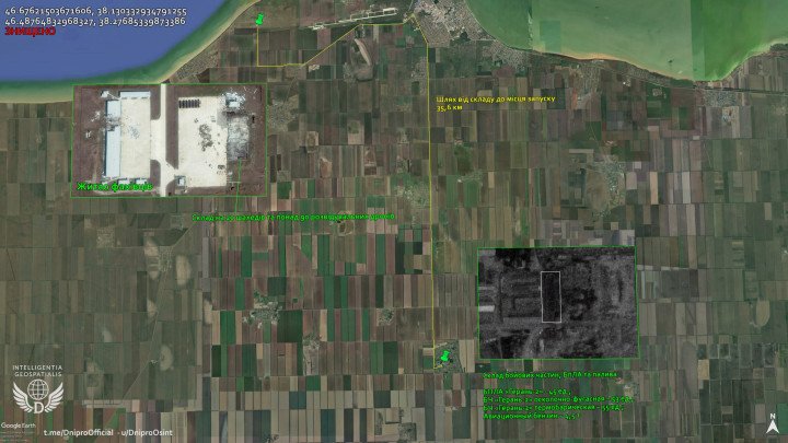 Neptune missiles destroyed a launch site with 20 Shaheds, 90 recon drones, and nearby supply depot. (Source: Dnipro OSINT) Neptune missiles destroyed a launch site with 20 Shaheds, 90 recon drones, and nearby supply depot. (Source: Dnipro OSINT)