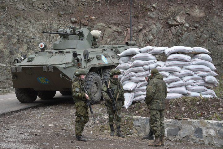 Russian “peacekeepers patrol” at the check point near the 12th-13th century Orthodox Dadivank Monastery on the outskirts of Kalbajar on November 18, 2020. (Photo by Karen MINASYAN / AFP) (Photo by KAREN MINASYAN/AFP via Getty Images)
