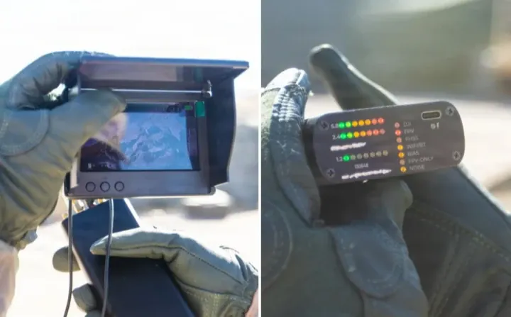 A drone detection device believed to be the Ukrainian-developed Obriy 1.3 is displayed alongside a monitor showing an intercepted FPV drone feed. (Source: Tyler Williams) A drone detection device believed to be the Ukrainian-developed Obriy 1.3 is displayed alongside a monitor showing an intercepted FPV drone feed. (Source: Tyler Williams)
