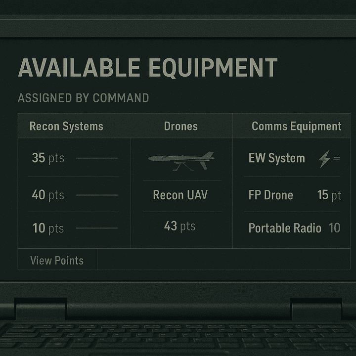 Close-up of a military logistics interface showing a categorized list of equipment available for frontline units, with point values assigned by command. Illustrative image. (Source: UNITED24 Media) Close-up of a military logistics interface showing a categorized list of equipment available for frontline units, with point values assigned by command. Illustrative image. (Source: UNITED24 Media)