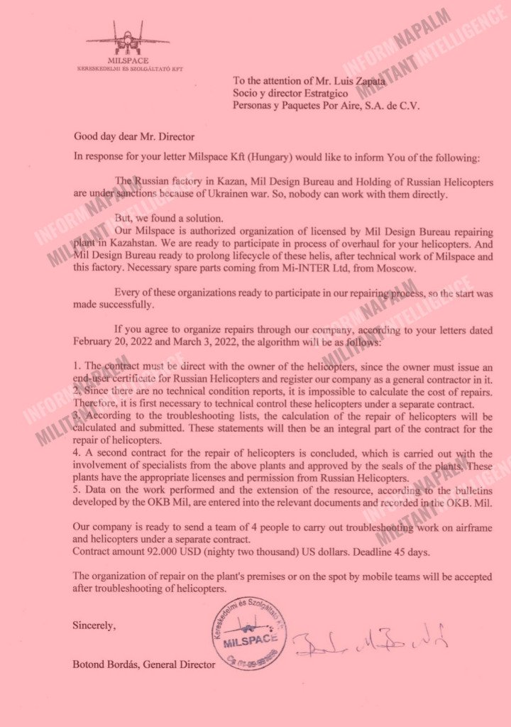 Document from correspondence between Milspace Kft and Personas y Paquetes Por Aire. (Source: InformNapalm) Document from correspondence between Milspace Kft and Personas y Paquetes Por Aire. (Source: InformNapalm)