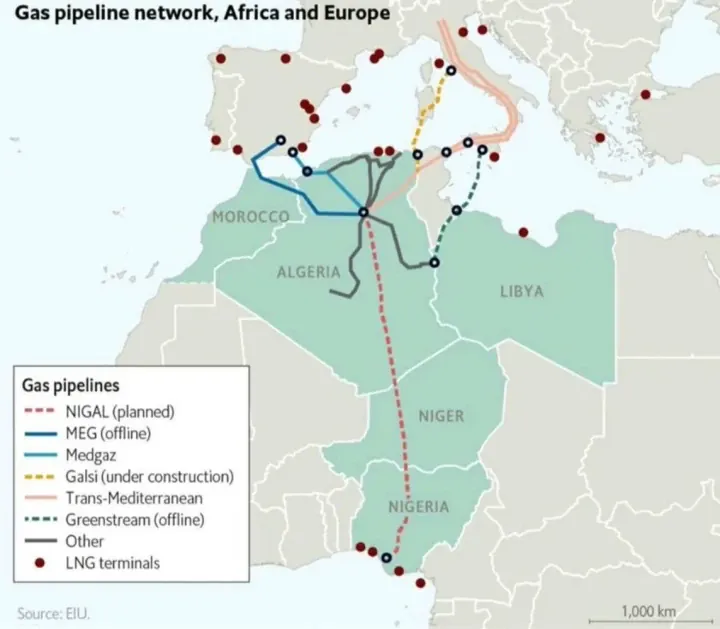 Map showing the planned route of the Trans-Saharan Gas Pipeline connecting Nigeria, Niger, and Algeria. (Photo: Open source)