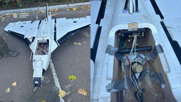 Close-up of the drone’s twin-cylinder engine and exhaust system, showing fuel lines and a wooden propeller. The design suggests use of civilian-grade components. (Source: Defense Intelligence of Ukraine) Close-up of the drone’s twin-cylinder engine and exhaust system, showing fuel lines and a wooden propeller. The design suggests use of civilian-grade components. (Source: Defense Intelligence of Ukraine)