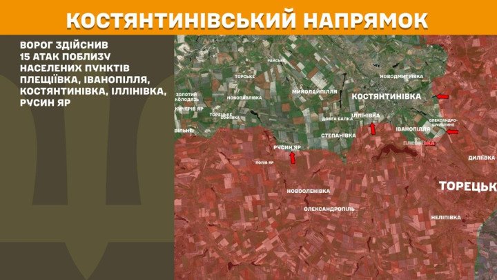 Mapa del sector de Kostiantynivka, en Donetsk, donde Ucrania reportó 15 ataques rusos cerca de la ciudad y sus accesos.